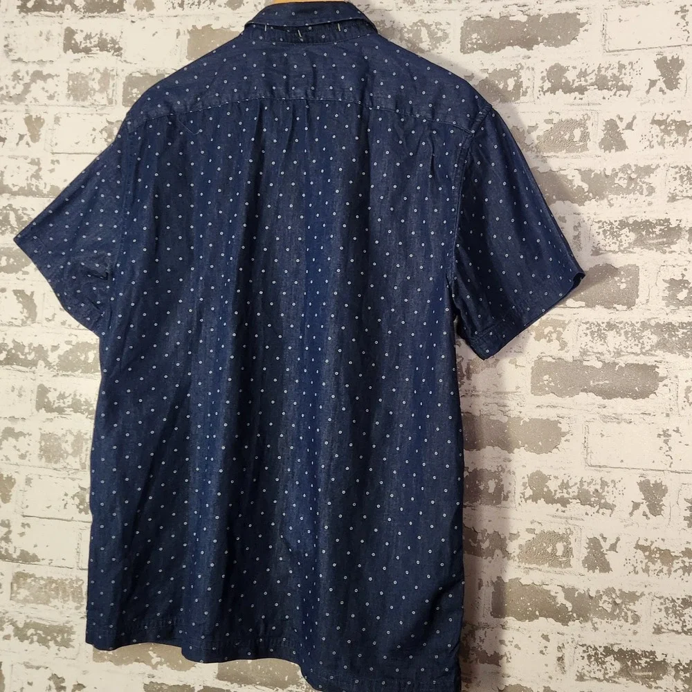 Banana Republic Mens Shirt Size L Button Up Navy Dot Print Short Sleeve Slim Fit